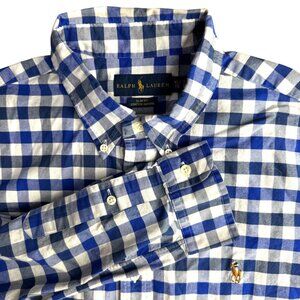 Ralph Lauren Button Up Oxford Shirt Men XL Slim Fit Blue Gingham Flesh Pony Logo